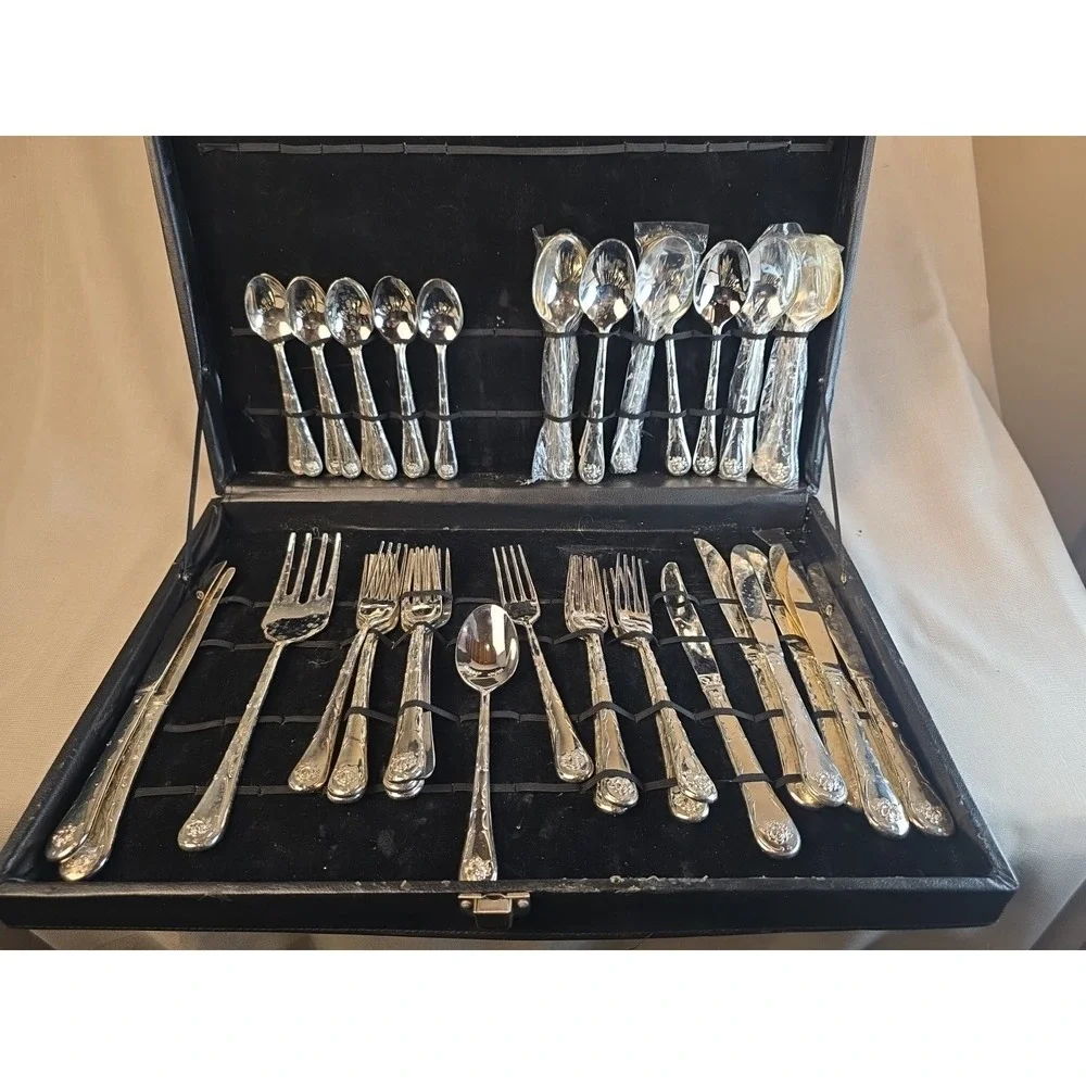 Vintage Davco Silver Plated Flatware Set Rose Floral Pattern 46 Piece with Case
